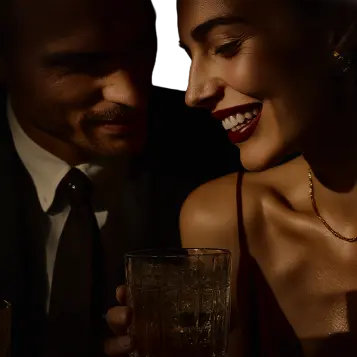 Pareja sonriendo y disfrutando tragos en un ambiente elegante